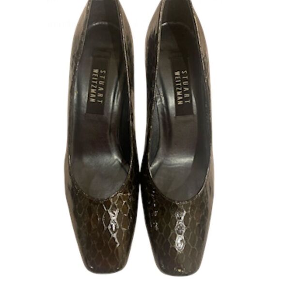 Stuart Weitzman Vintage Black Molorrus Patent Pumps Sz. 9 Snake Ptrn Box - Picture 3 of 8